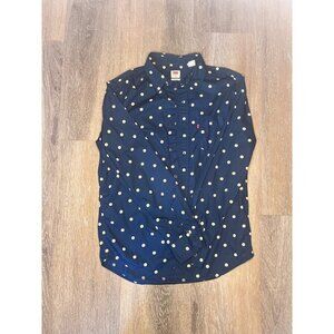 Levis Mens Navy Blue Long Sleeve Button-Up Shirt With Yellow Floral Print Size M